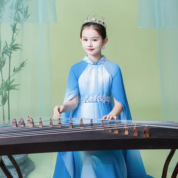 Kinijos Apranga Merginos GuZheng Kostiumas Senovės Vaikai Tradicinių Blue Print Suknelės Liaudies Šokio Spektaklis Hanfu