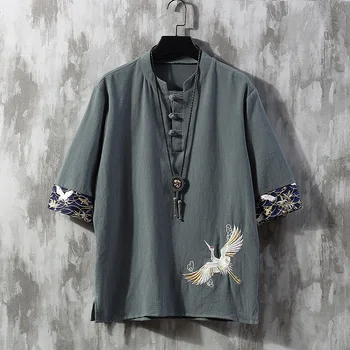 Kinų Stiliaus Mygtuką Lino marškinėliai Vyrams Vasaros trumparankoviai Tango Marškinėliai Prarasti Siuvinėjimo Krano T-shirt Japonų Kimono