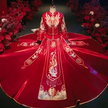 Yourqipao Sunkiųjų Zawalcowany Xiuhe Drabužiai Moterims Kinijos Vestuvių Suknelės, Drakonas ir Feniksas Nuotakos Suknelė Senovės Rinkiniai Didelio Dydžio Nuotaka