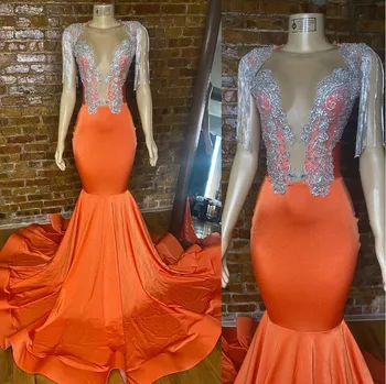 Orange Afrikos Undinė Promenadzie Suknelė Moterims Blizgančių Kristalų Kutas Juoda Mergina Gimtadienio Vakare Gown vestidos de fiesta
