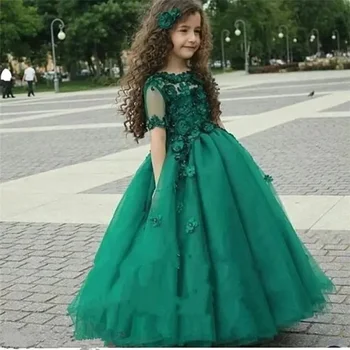 Paprastas Gėlių Mergaitės Suknelė Smaragdas Žalia Vien Trumpomis Rankovėmis, Baby Girl Gimtadienio, Vestuvių Princesė Šalies Pirmosios Komunijos Suknelė