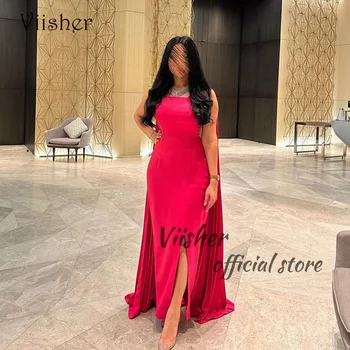 Viisher Rožinė Satino Undinė Vakaro Suknelės su Žaliuoju Elegantiškas Dubajus Arabija Oficialų Suknelė su Plyšio Ilgio Vestuvių Chalatai Svečias