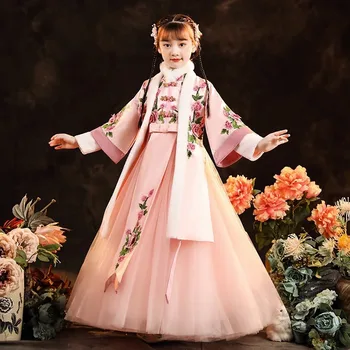 Hanfu Suknelė Vaikams Senovės Kinų Siuvinėti Hanfu Rinkiniai Mergina Pasakos Atlikti Kostiumas Žiemą Šiltas Šokių Suknelė Šalies Aprangą Cosplay