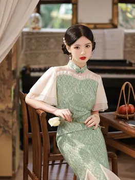 Moterys Rytų Žalia Qipao Kinijos Retro Stiliaus Pagerėjo Slidinėti Cheongsams Šalis Vasaros Suknelės