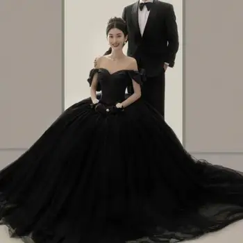 Klasikinis nuo Pečių Vestuvių Suknelė 2023 Nauja Juoda Vestidos De Novia Elegantiškas, Grindų ilgio Paprastas Apdaras Mariage Femme Plius Dydis