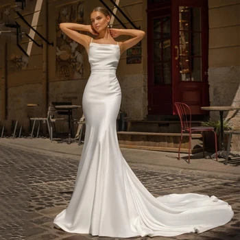 2023 Balta Undinė Vestuvių Suknelės, Elegantiški Spagečiai Dirželiai Satino Vestuvinės Suknelės Boho Paplūdimio Princesė, Vestuvinių Suknelių Pasirinktinis Dydis