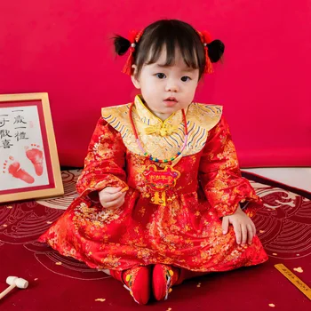 Tradicinis Kinų Naujagimiui Tango Tiktų Žiemos Raudona Naujųjų Metų Gimtadienio Dovana Kalėdų Ilgomis Rankovėmis Suknelė Mergaitėms Rytietiškų Drabužių