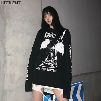 Mados saldus ir aštrus moterys ilgomis rankovėmis atsitiktinis retro moteriški marškinėliai Harajuku Kawaii Spausdinti Viršuje Punk, Gothic plati gatvė viršų