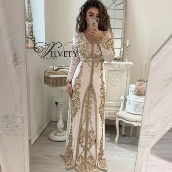 Maroko Kaftan Caftan Musulmonų Vakaro Suknelės-line V-kaklo, ilgomis Rankovėmis Aplikacijos Duobute Dubajus arabų Turkija Abaja Islamo Suknelė