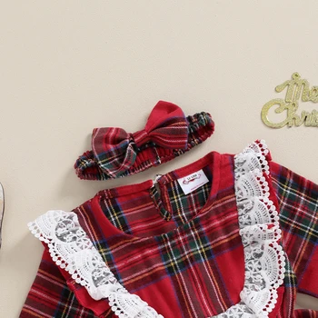 Naujagimiui Baby Girl Kalėdų Romper Suknelė Raudonos spalvos Pledas Nėrinių Pynimas ilgomis Rankovėmis Derliaus Suknelės Mano 1 Xmas Apranga