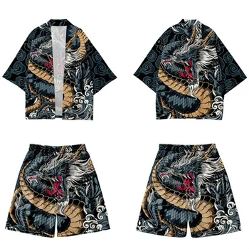 Yukata Kostiumas Harajuku Kimono Šortai Rinkiniai Vasara Dviejų dalių Kostiumas 3D Stiliaus Kinijos Drakonas Spausdinti Megztinis Moterims, Vyrams, Cosplay Haori