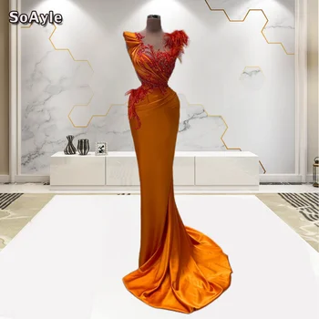SoAyle Elegantiškas Apelsinų vakarinę Suknelę su Užkarpomis Plunksnų Undinė Vestuvių Šalis Suknelė Kristalų Prom Dresses Moterų Plius Dydis