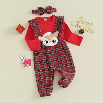 Kūdikiui Baby Girl Kalėdų Jumpsuit Romper Elnias Modelis Pynimas Ilgomis Rankovėmis Raudona Skara Playsuit Su Lankelis