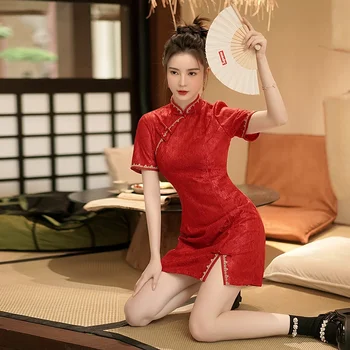 Naujųjų Metų Nėrinių Pagerinti Jaunų Trumpas Cheongsam Tradicinės Kinų Stiliaus Retro Red Švenčių Qipao Suknelė Drabužių