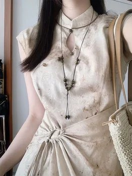 Naujas Smėlio spalvos Kinų Stiliaus Moteris Derliaus Cheongsam Rankovių Vasaros Suknelė dizaineris-atrodo Elegantiškai Qipao S Iki XXL