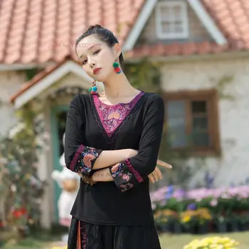 2024 retro nacionalinės kinijos bazė marškinėliai moteris tradicinių gėlių siuvinėjimas derliaus cheongsam viršūnes rytų arbatos paslaugų hanfu viršų