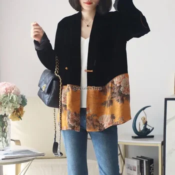 2023 naujas kailis moterų kinijos retro stiliaus ilgomis rankovėmis viršuje elegantiškos retro naujas kinijos aksomo susiuvimo dizaino cheongsam mygtuką kailis