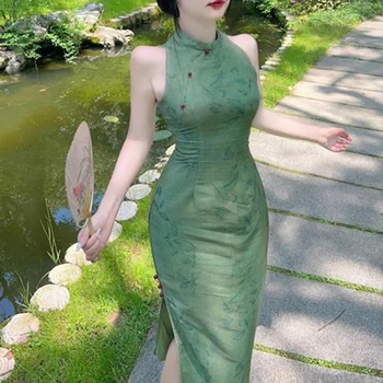 Moterys Vasarą Cheongsam Žalia Berankovis Suknelė Vintage Kostiumai Slim Naujas Kinų Stiliaus Tradicinės Suknelės S Iki Xxl Vestido Chino