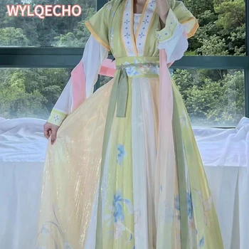 Tradicinis Kinų Hanfu Žalia Geltona Kostiumas Moteris Senovės Suknelė Rytų Princesė Suknelė Elegancijos Tang Dinastijos Šokių Drabužiai