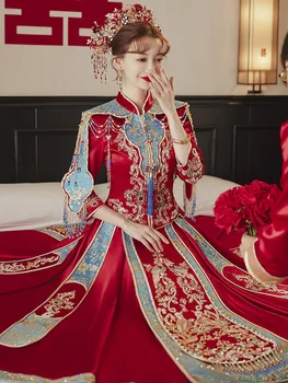 Tradicinės Kinų Stiliaus Qipao Tango Kostiumas Moterims Blizgančiais Duobute Siuvinėjimo Kutai Vestuvinė Suknelė