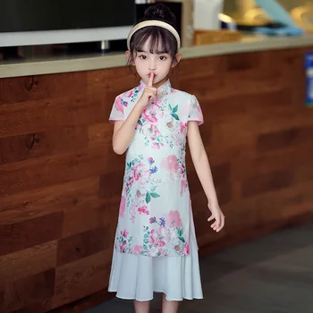 Kinų Stiliaus Mergina Trumpomis Rankovėmis Suknelė Princesė Pink Gėlių Spausdinti Suknelės Vaikų Vasaros Drabužių Vaikams Gimtadienio Suknelė