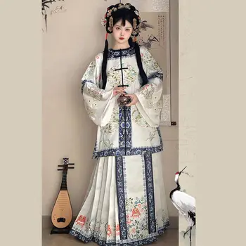 Siuvinėti Gėlių Hanfu Kostiumas Kinų Stiliaus Qipao Moterims, Elegantiškas Čing Dinastija Arklių Veido Sijonas Nustatyti Prabangius Teismas Stiliaus Kostiumai