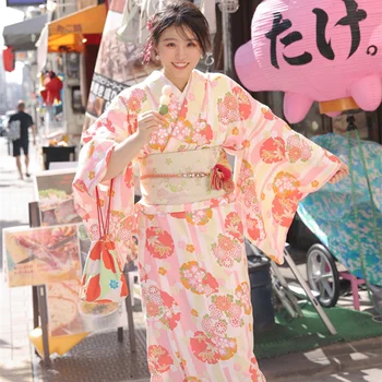 Nauja Japonų kimono Moterims Seksualus Kimono Yukata Su Obi Naujovė Tradicinis Japonijos Cosplay Kostiumų Satino Gėlių Skraiste Vienas Dydis