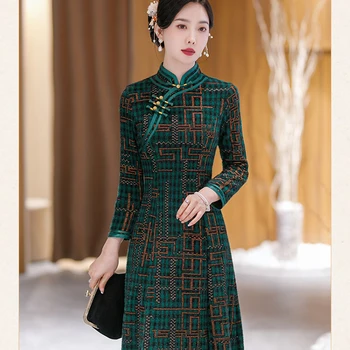 Retro Stiliaus Qipao Plius Dydis Patobulinta Suknelė Moterų Mados Nuolatinis Kaklo Cheongsam Žiemos ilgomis Rankovėmis Sutirštės Universalus Sijonas