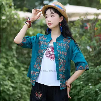 2024 tradicinės kinų etninės palaidinė nacionalinės gėlių siuvinėjimas hanfu viršūnes derliaus satino žakardo palaidinė rytietišką tango kostiumas