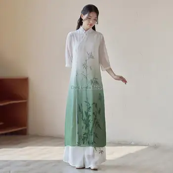 2024 m. naujasis kinijos derliaus arbata meno moterų elegantiškas cheongsam suknelė ao dai tradicinių mandarinų apykaklės vietnamas vakare šalis suknelė