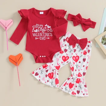 Naujagimiui Baby Girl Valentino Susiėmę Rankovės Siuvinėjimas Romper Širdies Spausdinti Flare Kelnės Lankelis 3Pcs Rinkiniai