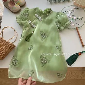 2023 Saldus Žalia Perlų Mygtuką Gėlių Siuvinėjimas Sluoksniuotos Rankovėmis Vaikų Cheongsam Suknelė Vasaros Kawaii Merginos Gimtadienio Suknelė
