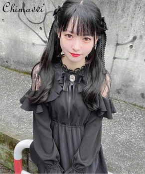 Lolita Saldus Japonų Trumpą Suknelę Rojita Nėrinių ilgomis Rankovėmis Tipo Juodo Dangtelio Pilvo Princesė Drabužius, Lieknėjimą Juosmens-line Suknelė
