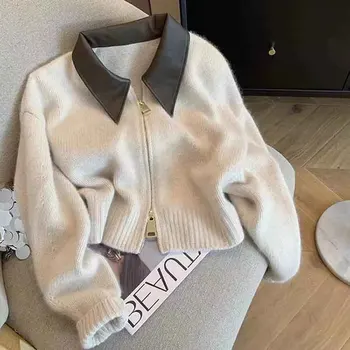 Rudens Derliaus Mezgimo Pasėlių susagstomi megztiniai Moterims Y2K korėjos Streetwear Atvartas Sujungimas ilgomis Rankovėmis, Paltai Prašmatnus Trumpas Užtrauktukas Trikotažas Naujas