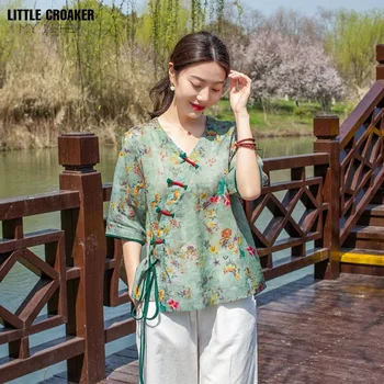Vasaros Trumpas Rankovėmis Cheongsam Viršuje Vakarų Palaidinė 2023 Naujas Kinija-Chic Moterų Chinoiserie Retro Stiliaus Meno Nacionalinės Stiliaus Viršaus