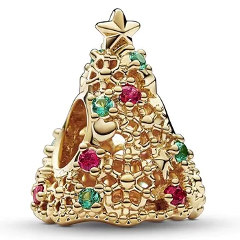 Originalus Akimirkų Aukso Blizgučiai Kalėdų Medžio Granulių Žavesio Tinka Pandora 925 Sterlingas Sidabro Apyrankės Bangle 
