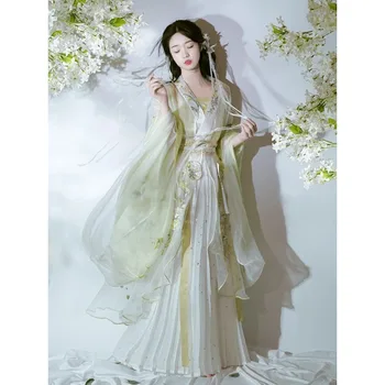Elegantiškas Sunkiosios Pramonės Žalios spalvos Gėlių Siuvinėjimas Hanfu Suknelė Tiktų 6pcs Moterų Kinijos Tradicinės Pasakos, Cosplay Kostiumai, Vestidos