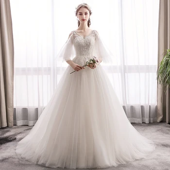 Grožis-Emily Karoliukai Balto Vestuvių Suknelės 2019 Naujų Vestuves Nuotakos Suknelė Ilga Vestuvių Suknelės pagal Užsakymą