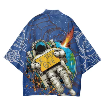 Animacinių Filmų Kosmosą Astronautas Spausdinti Tradicinių Azijos Drabužių Pora Vyrų, Moterų Megztinis Kimono Yukata Vasaros Paplūdimio Streetwear