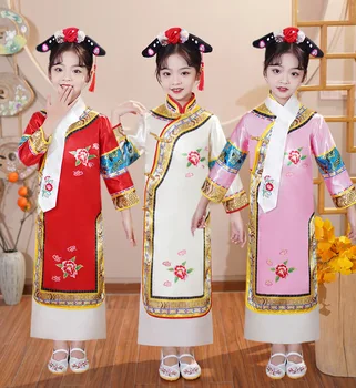 Kinų Suknelė Qipao Girl Palace Smėlio spalvos Raudona Rožinė Vaikams, Skrybėlės Šalikas Nosinė Mandžiūrijos Čing Dinastija Cheongsams 5VNT Rinkiniai