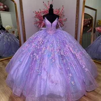 Levandų Off Peties Glittered Quinceanera Suknelę 2024 Didelės Apimties Blizgančiais Vestidos Prom Vestidos De Baile Tiulio Aplikacijos Karoliukai