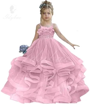 A+Zawalcowany Inscenizacija Suknelės Mergaitėms su 3D Gėlės Poofy Gėlių Mergaitės Suknelė Vestuvių Bamblys Kamuolys Suknelė