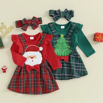 Baby Girl Kalėdų Komplektai, vientisos Spalvos ilgomis Rankovėmis Rompers Santa/Tree Patch Pledas Suspender Sijonai Lankelis 3Pcs Drabužių Rinkinys