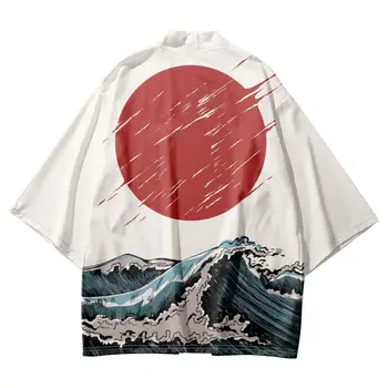 Vasaros Atsitiktinis Japonų Kimono Paplūdimio Šortai Japonijos Animacinių Filmų Sun Wave Spausdinti Streetwear Yukata Harajuku Cardigan