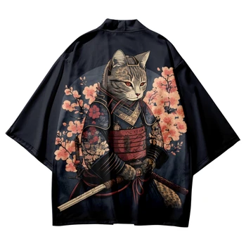 Vasaros Grožio Samurajus Tradicinių Kimono Japonų Animaciją Kačių Anime Cardigan Cosplay Moterys Vyrai Streetwear Paplūdimio Haori Marškinėliai