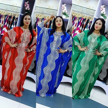 Mados 2023 Afrikos Suknelės Moterims Batwing Rankovės O-kaklo Bangų Modelį Deimantų Juostele Spausdinti Laisvi Šalies Šifono Maxi Suknelė