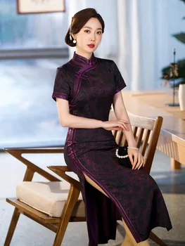 Elegantiškas Vasarą Long Purple Cheongsam Pokylių Šalies Retro Elegantiškas Qipao Tradicinės Kinų Apranga Vakaro Suknelė Moterims