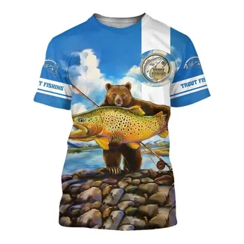 Naujausias populiarus laukinių gyvūnų lokys medžiotojas T-shirt 3D sugauti žuvų spausdinti vyrų Tees mados streetwear apvalios kaklo trumpas rankovėmis viršų