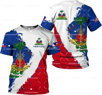 Haičio Vėliava Ženklelis 3d marškinėliai vyriški Gatvės Harajuku Negabaritinių O-kaklo trumpomis Rankovėmis T-shirt Haičio Užsakymą Pavadinimas Vyrų, Moterų Topai