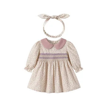 2024 m. Bamblys Merginos Derliaus Gėlių Suknelė Kūdikiams Boutique Dizaino Smocked Spausdinti Suknelė su Lankelis Rudenį Vaikai viršutinių drabužių siuvimas